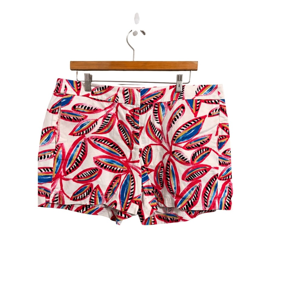 J.Crew Chino Shorts Womens 14 White Pink Blue Tropical Leaf Print Mid Rise